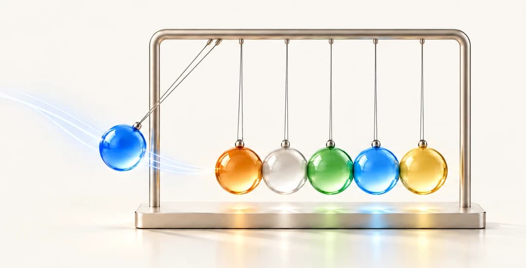 A Newton's cradle where the outermost sphere is a glowing blue idea, its energy travelling through amber, clear, green and gold spheres — a visual for idea becoming product becoming impact